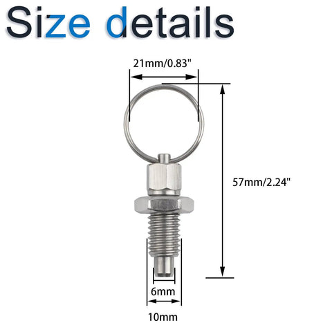 Tough As Nails Stainless Steel Spring Plungers 6 Pack M10 Non Locking Index Pin dimensions 57mm long with 21mm outer ring.