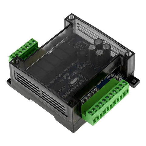 DC 24V FX1N 14MR PLC with relay output, black case with visible capacitors, top view, industrial control board for automation projects.