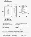 Industrial PoE Gigabit Ethernet Switch With Five Ports, Plug And Play, diagram with product parameters and dimensions.
