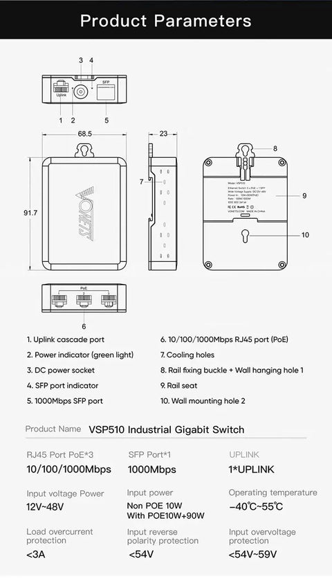 Industrial PoE Gigabit Ethernet Switch With Five Ports, Plug And Play, diagram with product parameters and dimensions.