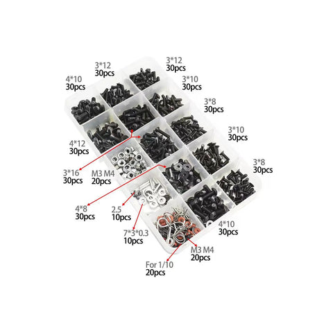 RC Screw Kit And Repair Set With 500 Pieces M3 M4 Screws Flat And Round Head Hex Drive Washers Lock Nuts Body Clips E Clips Pins O Rings For 1/8 1/10 1/12 1/16 Scale RC Cars Trucks Crawlers Buggies, sorted in plastic box