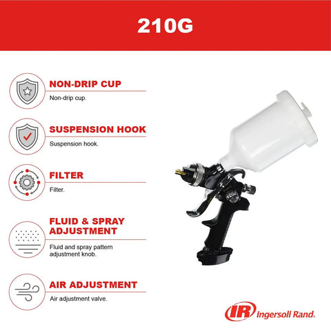 Heavy Duty Gravity Feed Spray Gun With Adjustable Air Regulator And Non Drip Cup showcasing trigger, cup, and adjustments features.