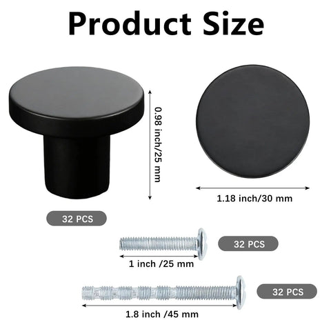 32 Pack One And One Sixth Inch Round Cabinet Knobs Durable Zinc Alloy Hardware with size details and screws visible