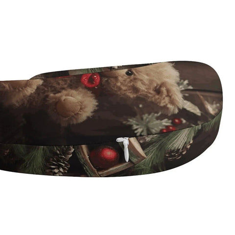 Close-up of Xmas Tree Branch Bear Doll Travel Pillow U Shaped Neck Support Pillow with festive decoration design