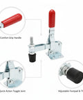 Vertical Hold Down Clamp With Quick Action Toggle for woodworking featuring comfort grip handle and adjustable footpad