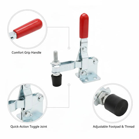 Vertical Hold Down Clamp With Quick Action Toggle for woodworking featuring comfort grip handle and adjustable footpad