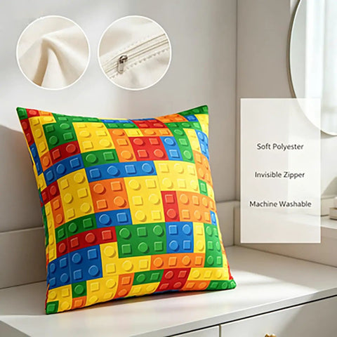 Set Of 2 Reversible Throw Pillow Covers With Color Building Blocks Toy Brick Print, 18x18 Inches, Zipper Closure, Soft 100 Percent Polyester, Cozy Living Room Decor For Home And Kids Rooms, Machine Washable Cushion Covers on pillow
