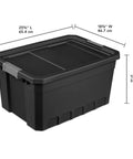 Six-Pack 19 Gallon Stackable Totes For Home Organization, Rugged Black Plastic Storage Bins With Recessed Lids And Heavy-Duty Latches