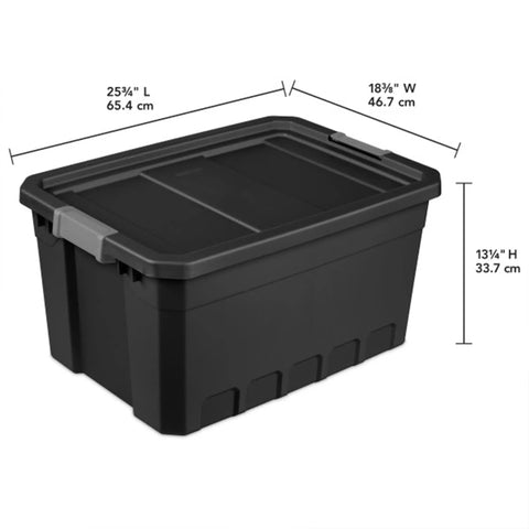 Six-Pack 19 Gallon Stackable Totes For Home Organization, Rugged Black Plastic Storage Bins With Recessed Lids And Heavy-Duty Latches