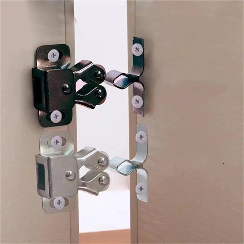 Double Roller Cabinet Door Catch Ball Latch in copper tone with prong installed on cabinet, 34 by 32 mm, 13 mm projection
