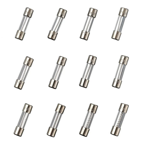 Premium Slow Blow Glass Fuse Kit 120 Pc Value Pack 12 Fuse Types 0.5A To 10A 5x20mm 250V Clear Storage Case Perfect For DIYers Home Auto And Electronics Repairs, showing 12 fuses on white background.