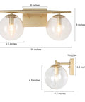 Gold Vanity Light 2-Light Fixture With Globe Clear Glass Shades For Bathroom, 16 Inch Length, side view dimensions