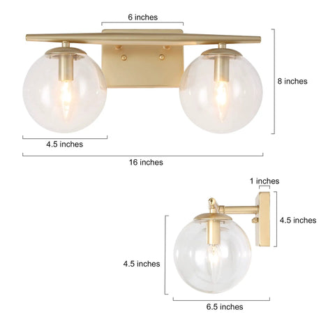 Gold Vanity Light 2-Light Fixture With Globe Clear Glass Shades For Bathroom, 16 Inch Length, side view dimensions