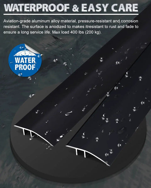 36 Inch Matte Black Floor Transition Strip For Tile Laminate And Vinyl Flooring Door Threshold Reducer Gap Cover Perfect For Kitchen Bedroom And Bathroom Doors No Drill Glue In Adhesive Not Included waterproof feature with water droplets and text.