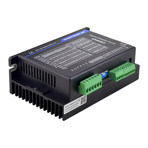 Angled side view of StepperOnline DM860T digital stepper motor driver; black enclosure with green terminal blocks and heatsink