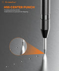 Legit Heavy Duty M35 Cobalt Countersink Drill Bits, Premium Hex Shank Set, Real Deal High Speed Steel For Stainless Iron Carbon Metal, Built Tough As Nails To Knock Out Tapered Holes Like A Champ In Any Shop Or Garage Project, close-up of HSS Center Punch creating starter indentations.