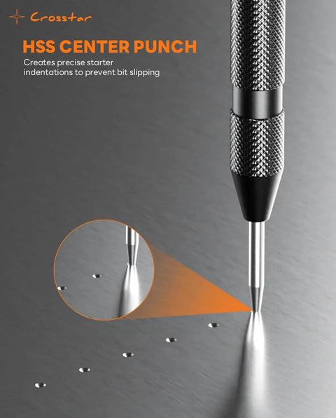 Legit Heavy Duty M35 Cobalt Countersink Drill Bits, Premium Hex Shank Set, Real Deal High Speed Steel For Stainless Iron Carbon Metal, Built Tough As Nails To Knock Out Tapered Holes Like A Champ In Any Shop Or Garage Project, close-up of HSS Center Punch creating starter indentations.