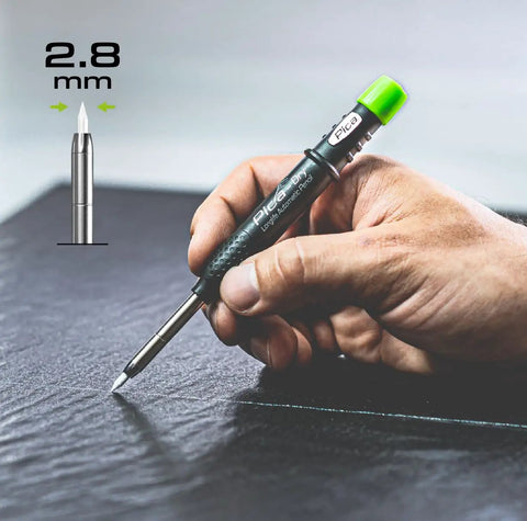 Hand using Ten Lead Dry Pencil Case White Finish Model 4043 With Mechanical Pencil Refills Bundle for Drawing on black surface