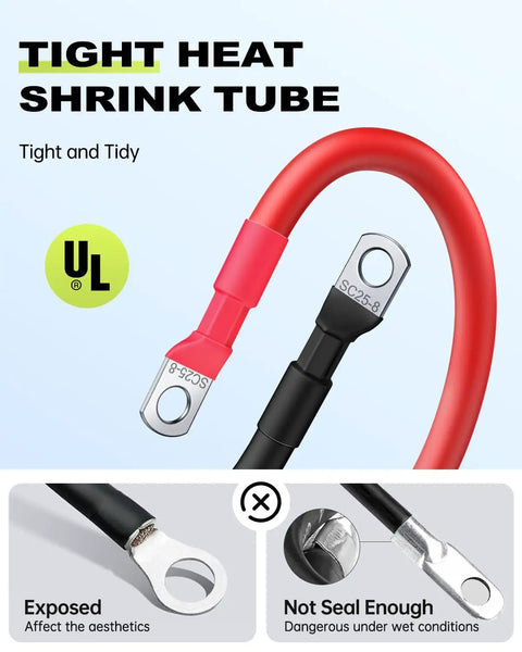 Close-up of 6 AWG Battery Cables With Terminals 12 Inch Silicone Insulated Tinned Copper Power Inverter Cables, heat shrink tubing