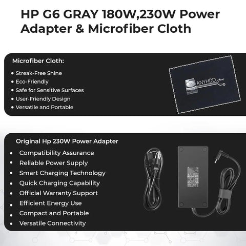 HP G6 GRAY 180W,230W Power Adapter & Microfiber Cloth, compact design, reliable power supply for devices.