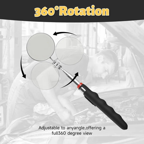 Telescoping Inspection Mirror Set With 360 Degree Swivel Extendable To 30.5 Inches shown with handle and rotating mirror