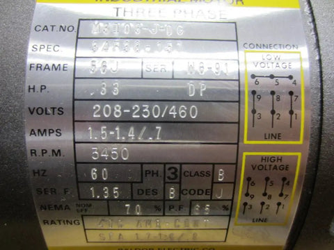 Label of M3103 J DC Motor Three Phase 208 230 460V 3450 RPM M3101JDC showing technical specifications and wiring diagram