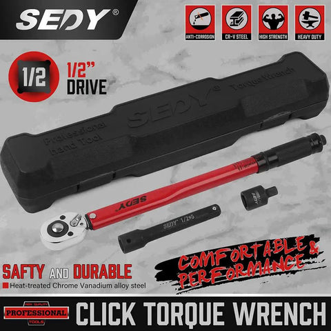 Half Inch Drive Click Torque Wrench With Locking Mechanism Pro Grade Build 10 To 150 Foot Pounds Or 13.6 To 203.5 Newton Meters