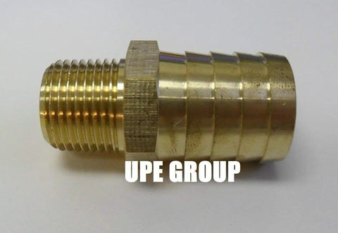 Close-up of 25 pack three quarter inch hose barb to three eighth inch male NPT brass pipe fitting, side view