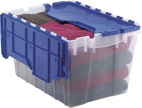 KeepBox 12 Gallon Stackable Storage Tote With Attached Lid For Easy Nesting Clear Plastic Box For Garage Closet And Moving