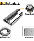 Dope Stainless Steel Exhaust Tip For Cars, 2.5 Inch Inlet, 3.3 Inch Outlet, featuring details like screw fixing and drain hole.