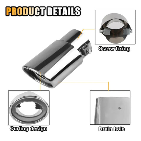Dope Stainless Steel Exhaust Tip For Cars, 2.5 Inch Inlet, 3.3 Inch Outlet, featuring details like screw fixing and drain hole.