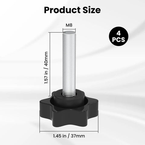 Top Shelf 4 Pack M8 X 40mm Knurled Thumb Screws With Smooth Grip Handles, showing size dimensions of 1.57 in (40mm) and 1.45 in (37mm).