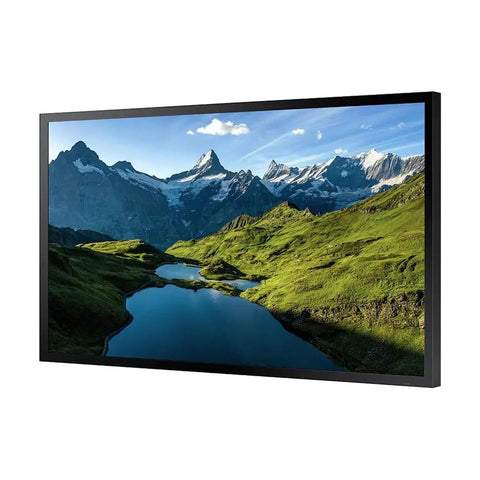 Rock Solid 55 Inch Outdoor Digital Signage Display Hella Bright Full Hd Led Lcd Screen Va Panel 1920 By 1080 Resolution 24 7 Nonstop Rotation Tizen Os scenic mountain landscape view on display.