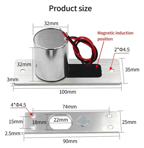 Heavy Duty Waterproof Electronic Drop NC Door Lock DC 12V detailed size diagram showing components and dimensions for secure installation.