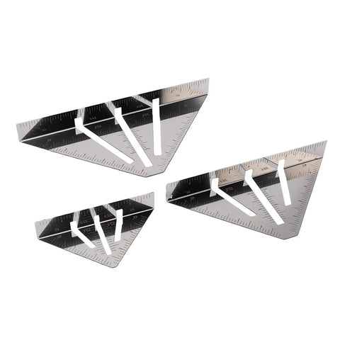 Stainless Steel Miter Square Ruler Set Of 3 Heavy Duty Pro Grade Multi Angle Measuring Tool with etched marks for woodworking and metal fabrication.
