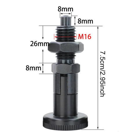 Heavy Duty Spring Plunger Knob For Mechanical Devices With Carbon Steel Self Locking Action Stable Rotation Beefy Indexing And Locking Pin Accessory The Go To Jig And Fixture Component M16X1.5 shown with dimensions