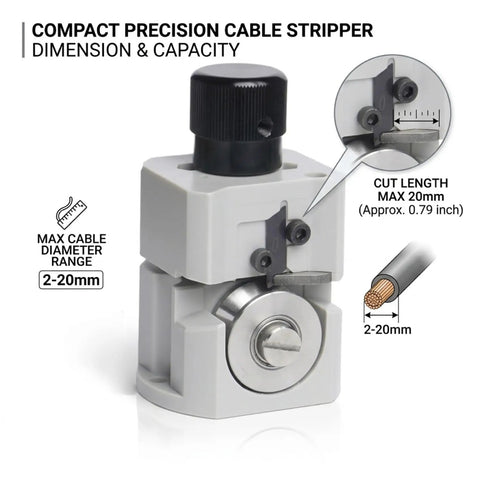 Heavy Duty Manual Wire Stripper Tool With Five Blade System, lightweight plastic body, for 2 to 20mm cables, close-up view