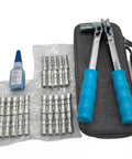 Top Tier Refrigerator Repair Tool Kit Featuring FKR-8 Crimping Gear, 15Ml Special Sealing Fluid And 30 Heavy Duty Composite Ring Assortment For A Total Hail Mary Fix On AC Lines with tools, sealing fluid, and rings.