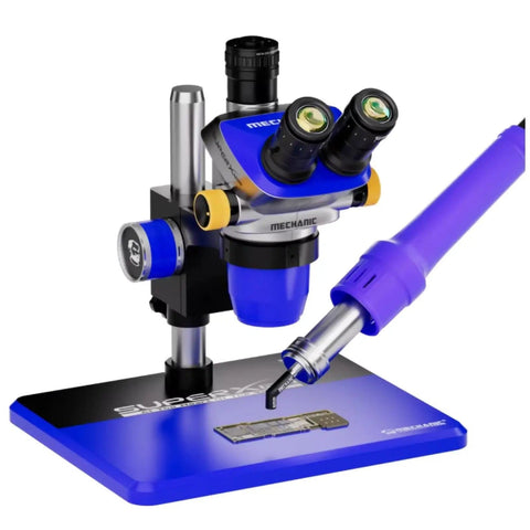 Blue digital microscope with soldering iron on stand next to PCB, used for detailed inspection and repair tasks.