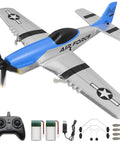 P51 Mustang RC Airplane with accessories, 2.4GHz control, 3 channel remote, and 6 axis gyro for stable kid-friendly flight.