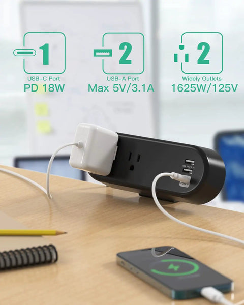 Power Strip Desk Clamp With USB C PD 18W And USB A Ports 10 Foot Flat Plug Extension Cord With 2 AC Outlets on desk
