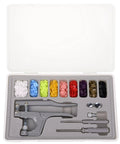 Snap Fastener Kit With Plier Dies Screwdriver Awl And Storage Case Handy 100 Sets Of 12mm Caps In 9 Colors Includes T3 T5 T8 Button Dies Ideal For Garments Crafts And DIY Clothing Projects, shown with open storage case displaying contents.