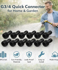 Garden Hose Quick Connector Nipple Set, 10 Pack G3/4 Male Thread Plastic Hose Fittings displayed with person watering garden