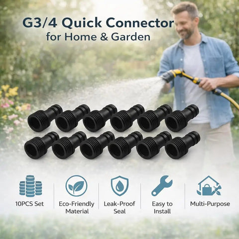 Garden Hose Quick Connector Nipple Set, 10 Pack G3/4 Male Thread Plastic Hose Fittings displayed with person watering garden