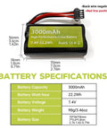Image showing dimensions and specifications of 7.4V 3000mAh Li-ion battery with SM 4P plug, part of Two Pack Seven Point Four Volt 3000 mAh 15C 2S Li Ion Battery With SM 4P Plug And USB Charger For EC08 DE85 RC Cars Trucks Boats Drones Quadcopters And Remote Control Engineering Vehicles Spare.