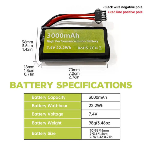 Image showing dimensions and specifications of 7.4V 3000mAh Li-ion battery with SM 4P plug, part of Two Pack Seven Point Four Volt 3000 mAh 15C 2S Li Ion Battery With SM 4P Plug And USB Charger For EC08 DE85 RC Cars Trucks Boats Drones Quadcopters And Remote Control Engineering Vehicles Spare.