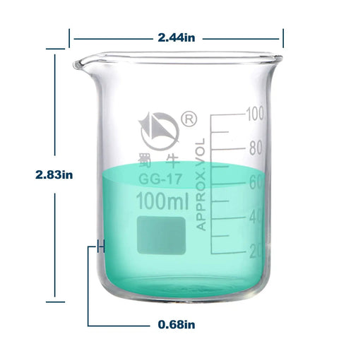 Low Form Glass Beaker Set With Droppers 3 Graduated Borosilicate Beakers In 250ml 100ml 50ml With Clear Scales 3 Glass Droppers 3ml Each Real World Lab Gear For Precise Liquid Measuring For Quick Easy Pours, 100ml beaker with clear scales and liquid, dimensions shown.