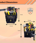 Dimensions of Pro Style Leather Tool Rig For Framers And Handymen With 2 Pouches And Hammer Holder. Features tools for scale.