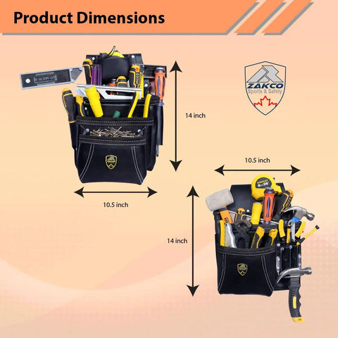 Dimensions of Pro Style Leather Tool Rig For Framers And Handymen With 2 Pouches And Hammer Holder. Features tools for scale.