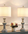 Coastal Vintage Table Lamps Set of 2 for Living Room and Bedroom, 22.75 inch tall, Aqua Blue washed finish with white linen shades.